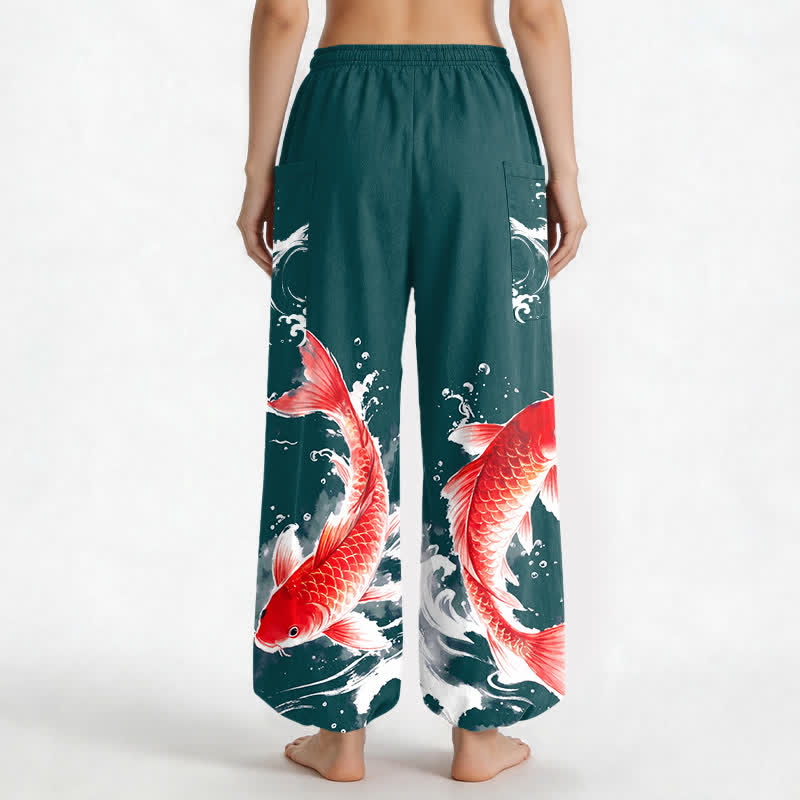Buddha Stones Cotton Koi Fish Water Pattern Women's Elastic Waist Harem Pants With Side Pockets - image 9