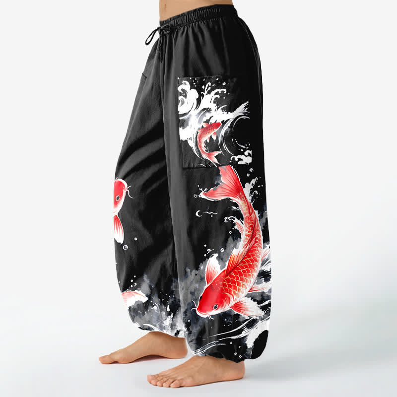 Buddha Stones Cotton Koi Fish Water Pattern Women's Elastic Waist Harem Pants With Side Pockets - image 11