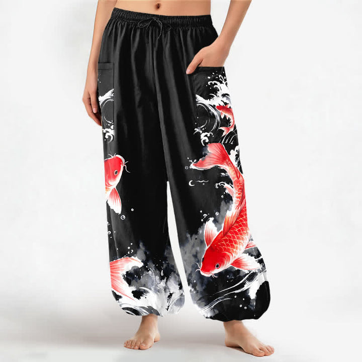 Buddha Stones Cotton Koi Fish Water Pattern Women's Elastic Waist Harem Pants With Side Pockets - Black - US16，UK/AU20，EU48 (3XL) - image 10