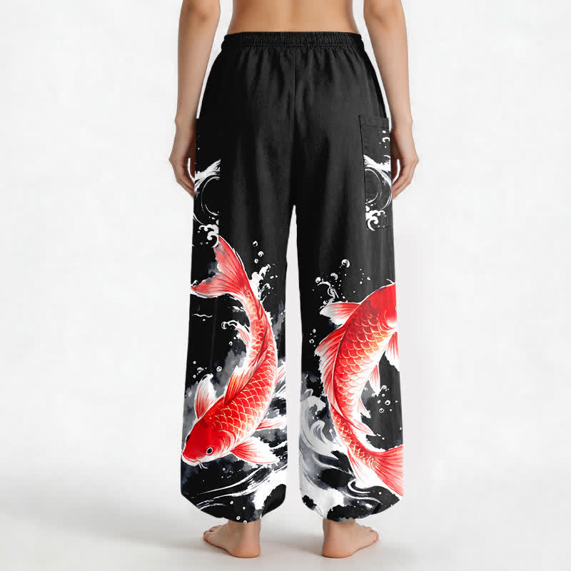 Buddha Stones Cotton Koi Fish Water Pattern Women's Elastic Waist Harem Pants With Side Pockets - image 12