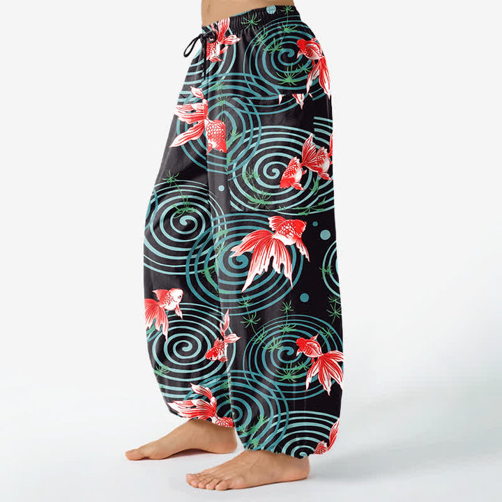 Buddha Stones Cotton Oriental Koi Ripple Pattern Women's Elastic Waist Harem Pants With Side Pockets - image 1