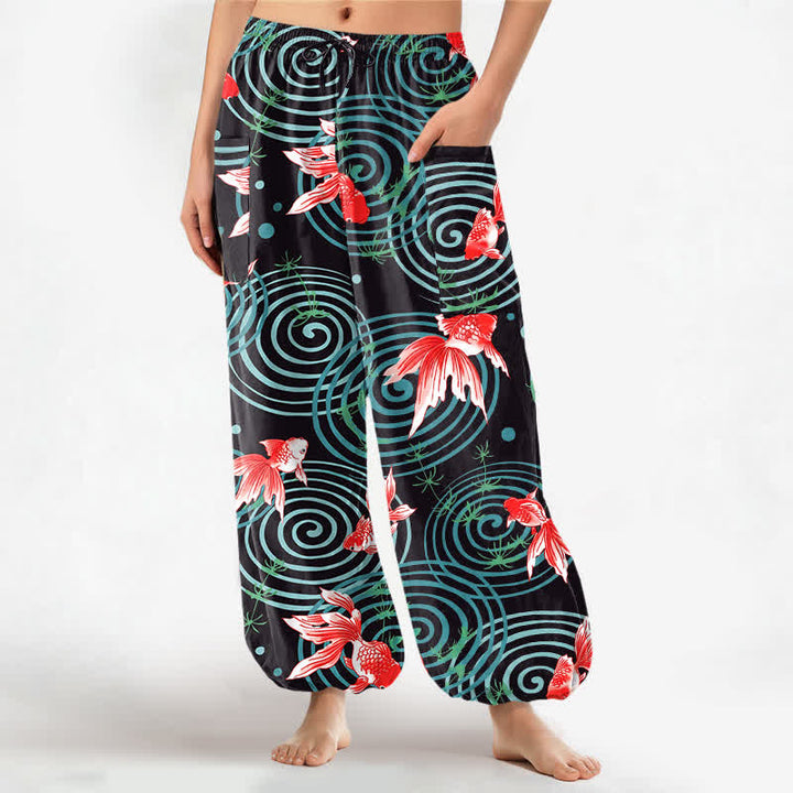Buddha Stones Cotton Oriental Koi Ripple Pattern Women's Elastic Waist Harem Pants With Side Pockets - Black - US16，UK/AU20，EU48 (3XL) - image 0