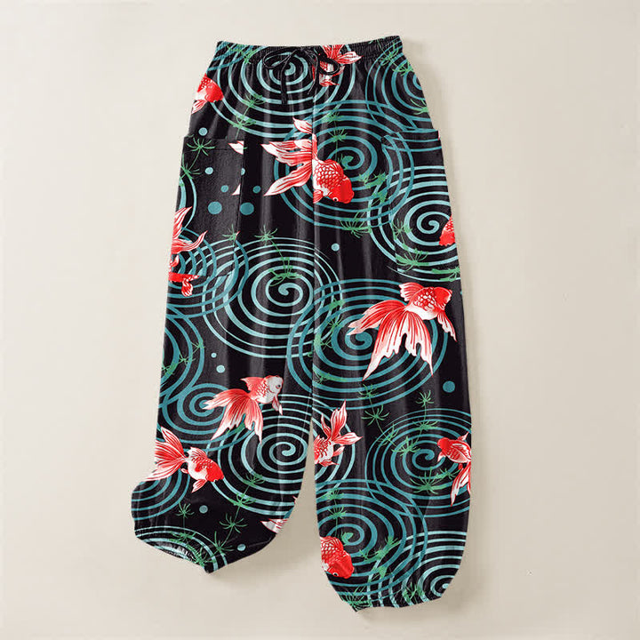 Buddha Stones Cotton Oriental Koi Ripple Pattern Women's Elastic Waist Harem Pants With Side Pockets - image 3
