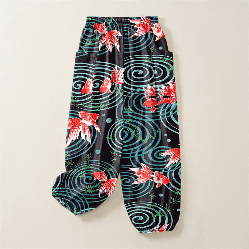 Buddha Stones Cotton Oriental Koi Ripple Pattern Women's Elastic Waist Harem Pants With Side Pockets - image 4