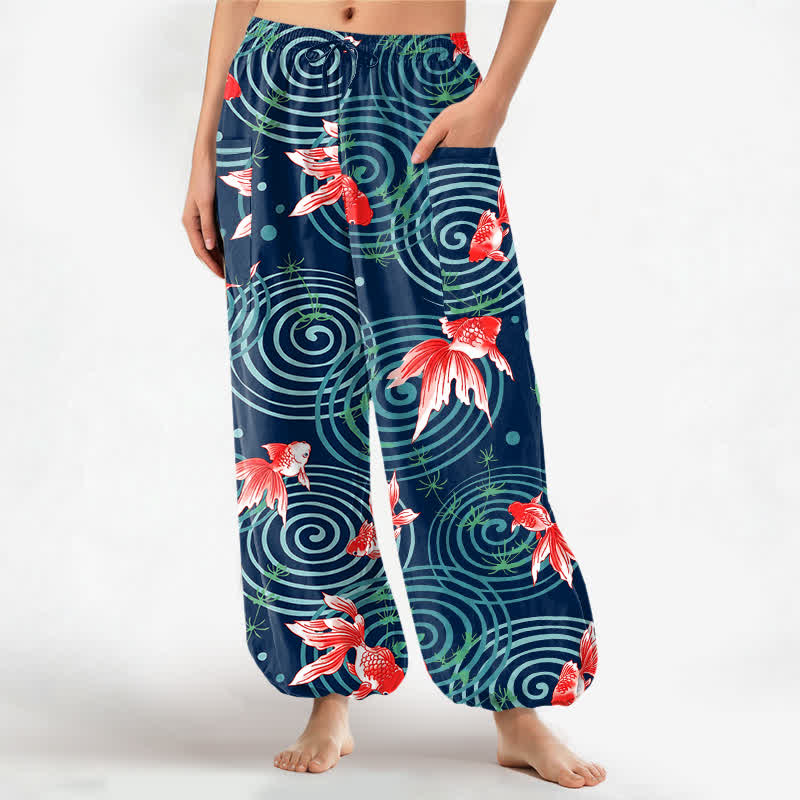 Buddha Stones Cotton Oriental Koi Ripple Pattern Women's Elastic Waist Harem Pants With Side Pockets - Navy - US16，UK/AU20，EU48 (3XL) - image 7