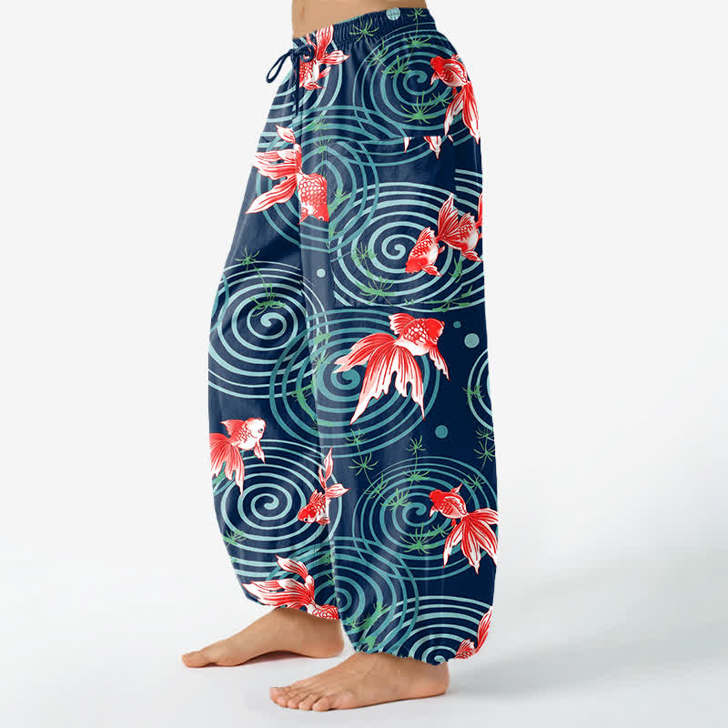 Buddha Stones Cotton Oriental Koi Ripple Pattern Women's Elastic Waist Harem Pants With Side Pockets - image 8