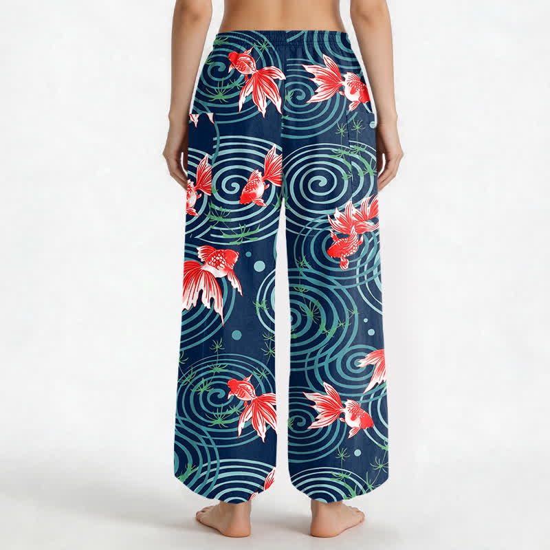 Buddha Stones Cotton Oriental Koi Ripple Pattern Women's Elastic Waist Harem Pants With Side Pockets - image 9