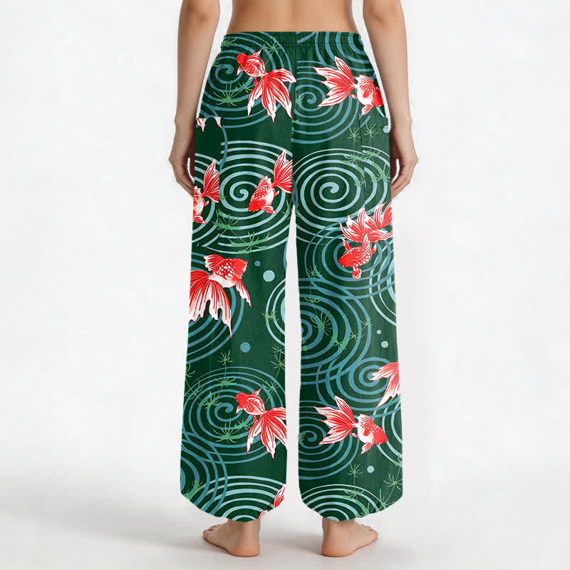 Buddha Stones Cotton Oriental Koi Ripple Pattern Women's Elastic Waist Harem Pants With Side Pockets - image 12