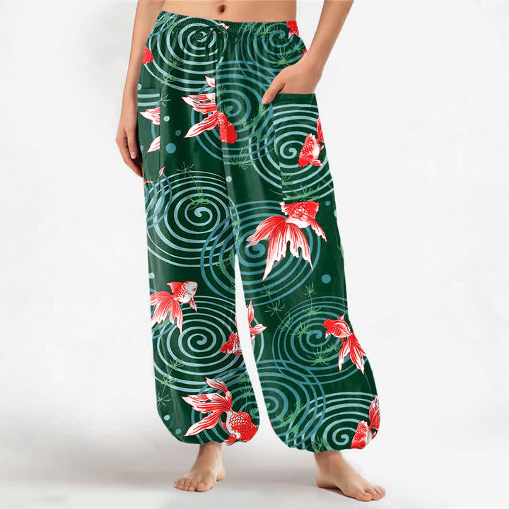 Buddha Stones Cotton Oriental Koi Ripple Pattern Women's Elastic Waist Harem Pants With Side Pockets - DarkGreen - US16，UK/AU20，EU48 (3XL) - image 10