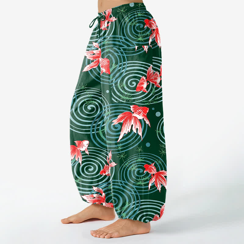 Buddha Stones Cotton Oriental Koi Ripple Pattern Women's Elastic Waist Harem Pants With Side Pockets - image 11