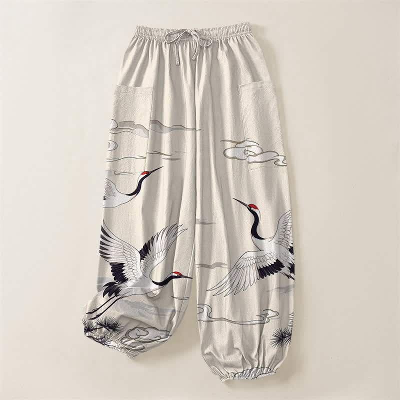 Buddha Stones Cotton Zen White Crane Pattern Women's Elastic Waist Harem Pants With Side Pockets - image 3