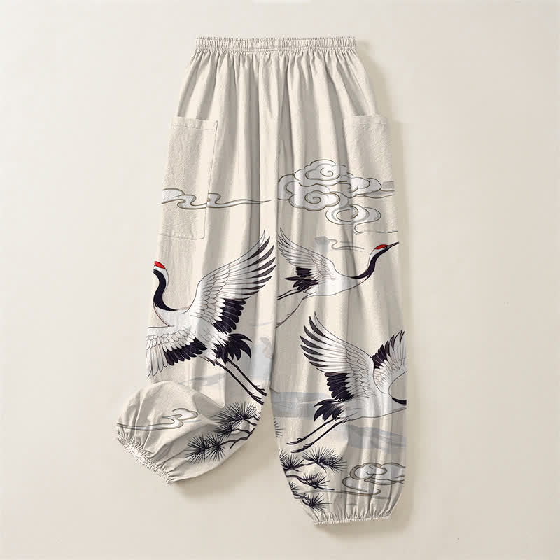 Buddha Stones Cotton Zen White Crane Pattern Women's Elastic Waist Harem Pants With Side Pockets - image 4