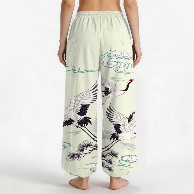 Buddha Stones Cotton Zen White Crane Pattern Women's Elastic Waist Harem Pants With Side Pockets - image 9