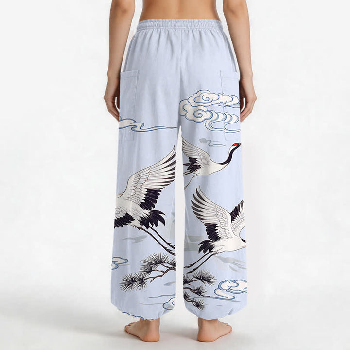 Buddha Stones Cotton Zen White Crane Pattern Women's Elastic Waist Harem Pants With Side Pockets - image 12