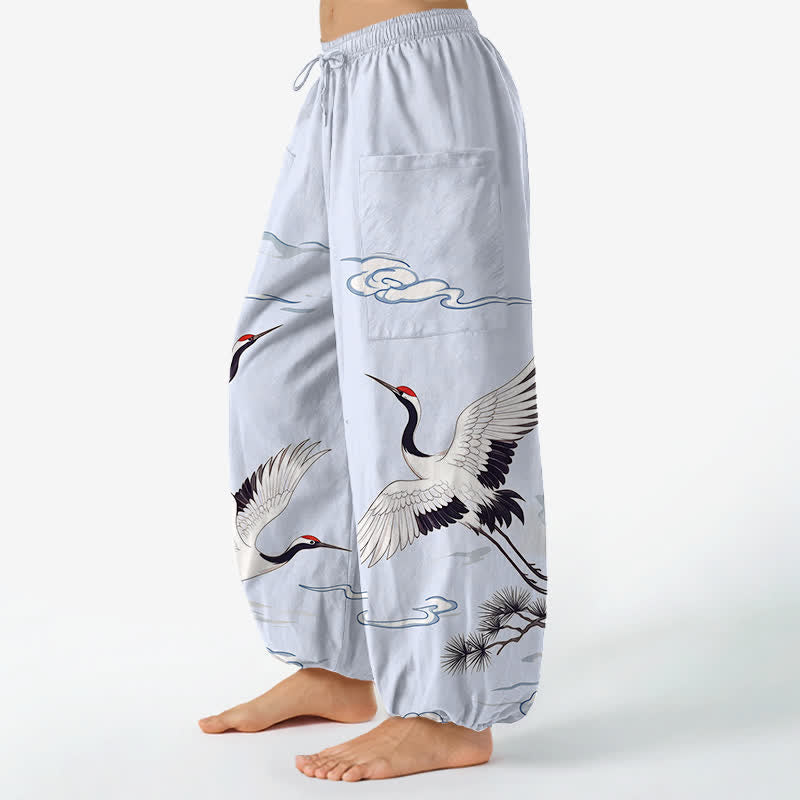 Buddha Stones Cotton Zen White Crane Pattern Women's Elastic Waist Harem Pants With Side Pockets - image 11