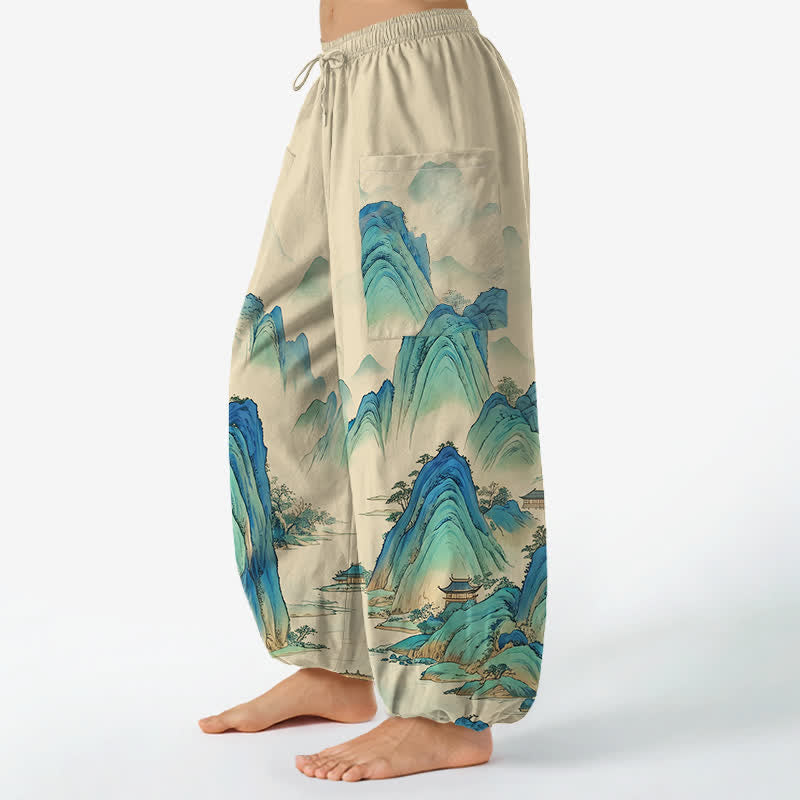 Buddha Stones Cotton Artistic Peaks Waters Pattern Women's Elastic Waist Harem Pants With Side Pockets - image 1