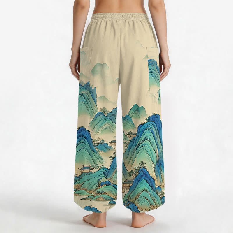 Buddha Stones Cotton Artistic Peaks Waters Pattern Women's Elastic Waist Harem Pants With Side Pockets - image 2