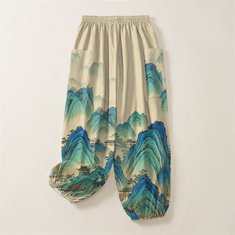 Buddha Stones Cotton Artistic Peaks Waters Pattern Women's Elastic Waist Harem Pants With Side Pockets - image 4