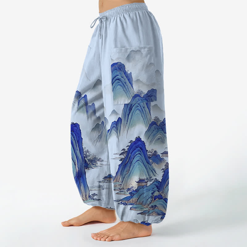 Buddha Stones Cotton Artistic Peaks Waters Pattern Women's Elastic Waist Harem Pants With Side Pockets - image 8