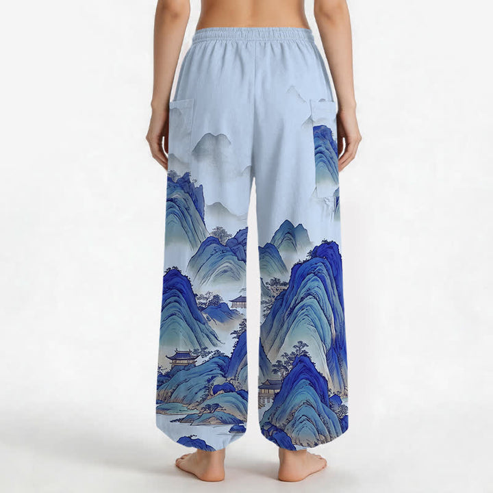 Buddha Stones Cotton Artistic Peaks Waters Pattern Women's Elastic Waist Harem Pants With Side Pockets - image 9