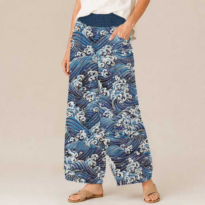 Buddha Stones Cotton Ocean Wave Pattern Pleated Elastic Waist Women's Harem Pants With Pockets - image 1