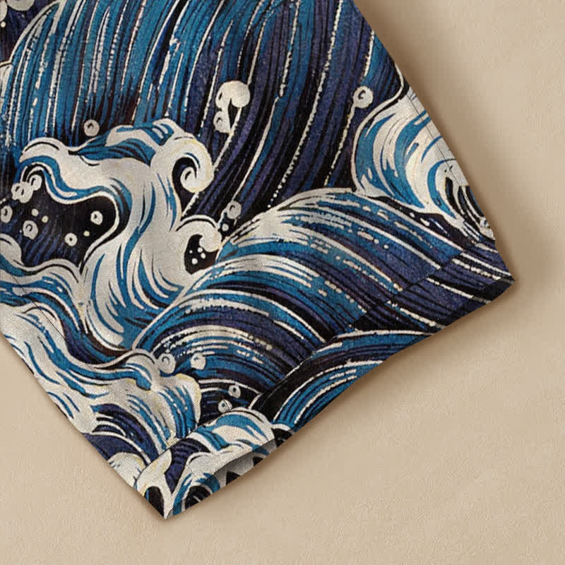 Buddha Stones Cotton Ocean Wave Pattern Pleated Elastic Waist Women's Harem Pants With Pockets - image 5