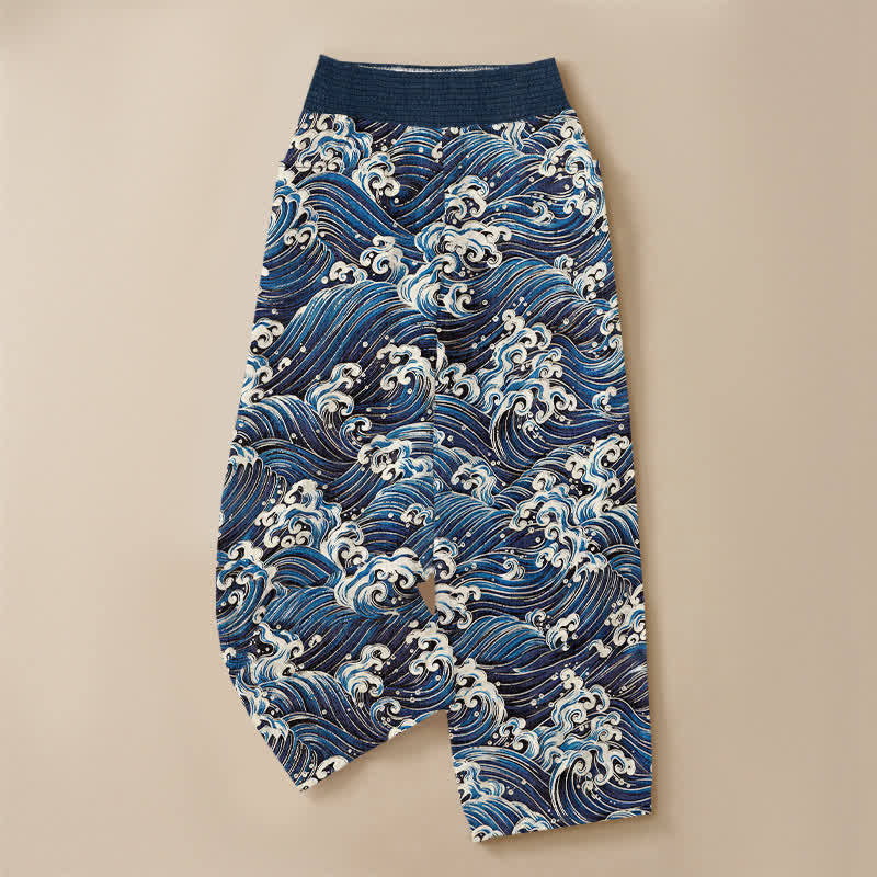 Buddha Stones Cotton Ocean Wave Pattern Pleated Elastic Waist Women's Harem Pants With Pockets - image 3