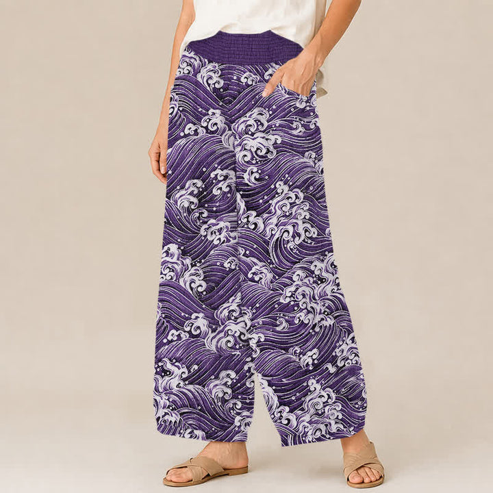 Buddha Stones Cotton Ocean Wave Pattern Pleated Elastic Waist Women's Harem Pants With Pockets - image 7