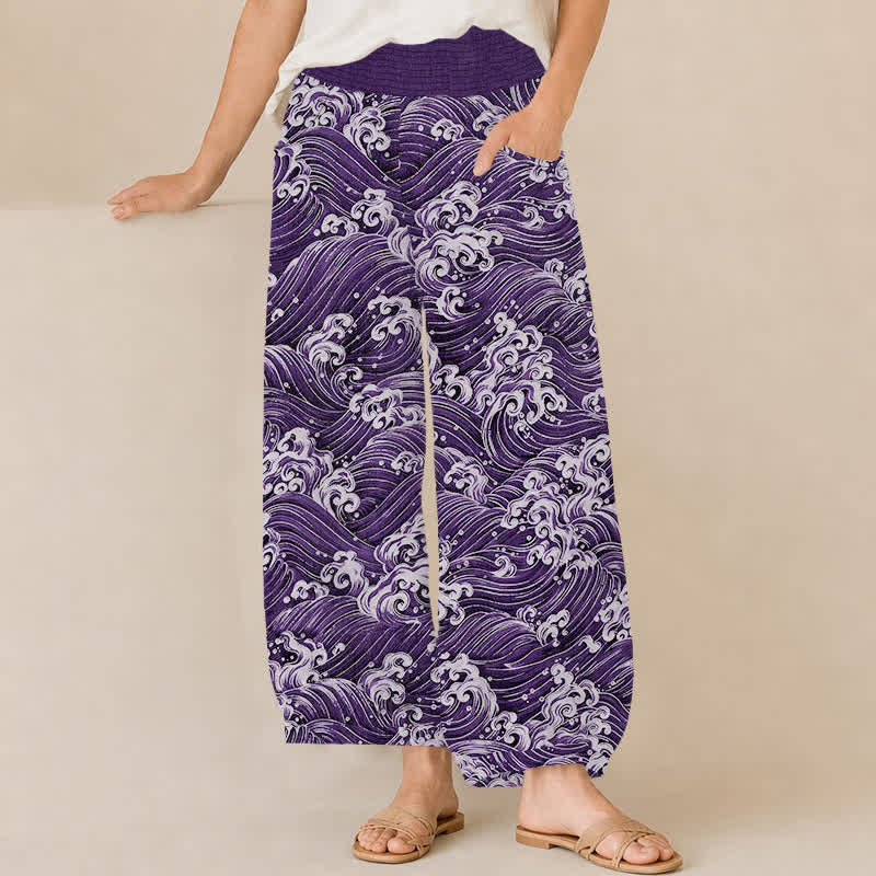 Buddha Stones Cotton Ocean Wave Pattern Pleated Elastic Waist Women's Harem Pants With Pockets - Indigo - US16，UK/AU20，EU48 (3XL) - image 6