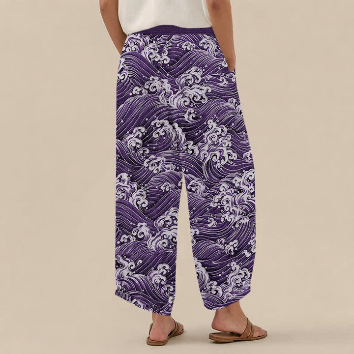 Buddha Stones Cotton Ocean Wave Pattern Pleated Elastic Waist Women's Harem Pants With Pockets - image 8