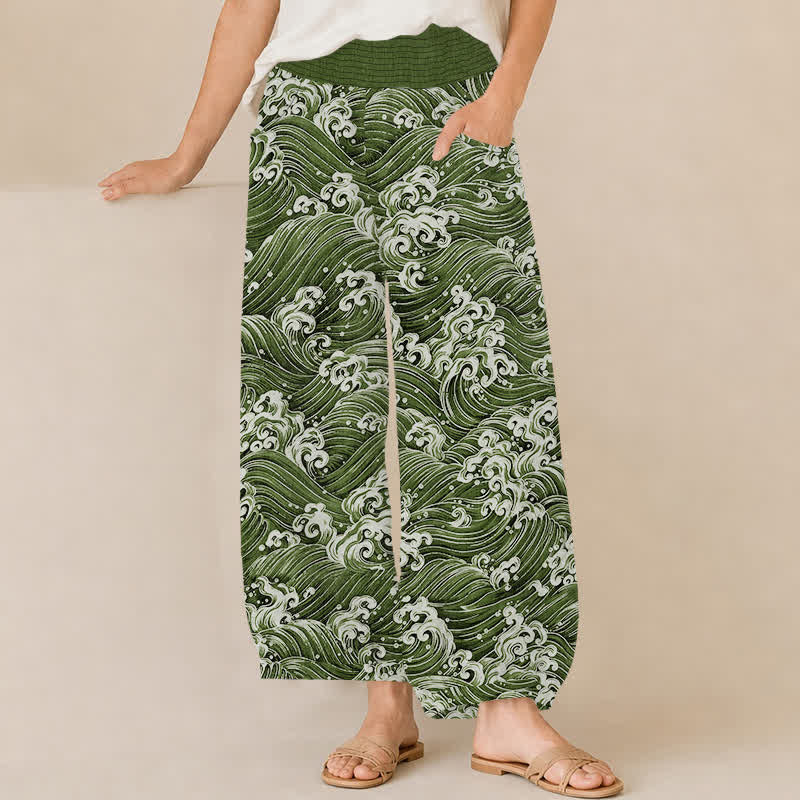 Buddha Stones Cotton Ocean Wave Pattern Pleated Elastic Waist Women's Harem Pants With Pockets - OliveDrab - US16，UK/AU20，EU48 (3XL) - image 10