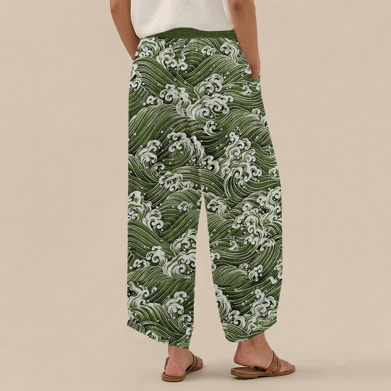 Buddha Stones Cotton Ocean Wave Pattern Pleated Elastic Waist Women's Harem Pants With Pockets - image 12