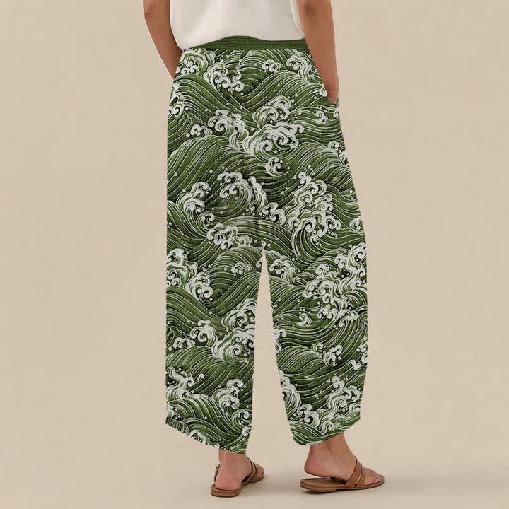 Buddha Stones Cotton Ocean Wave Pattern Pleated Elastic Waist Women's Harem Pants With Pockets - image 12