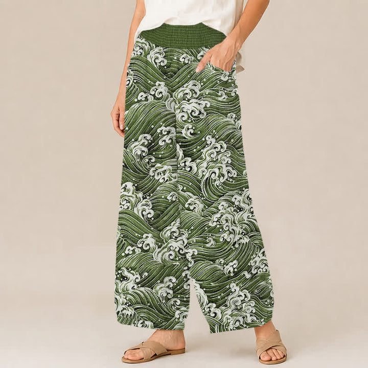 Buddha Stones Cotton Ocean Wave Pattern Pleated Elastic Waist Women's Harem Pants With Pockets - image 11