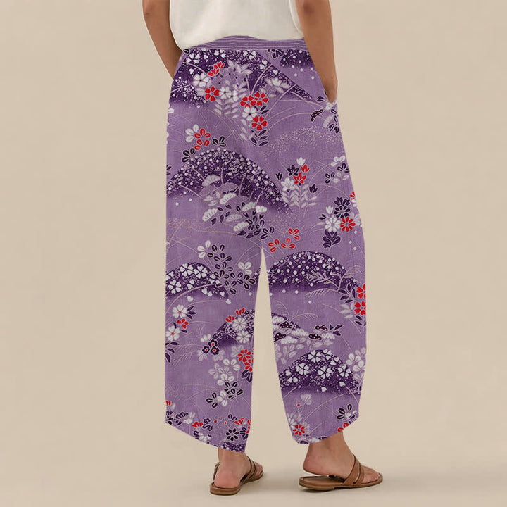 Buddha Stones Cotton Hill Blossom Pattern Pleated Elastic Waist Women's Harem Pants With Pockets - image 12