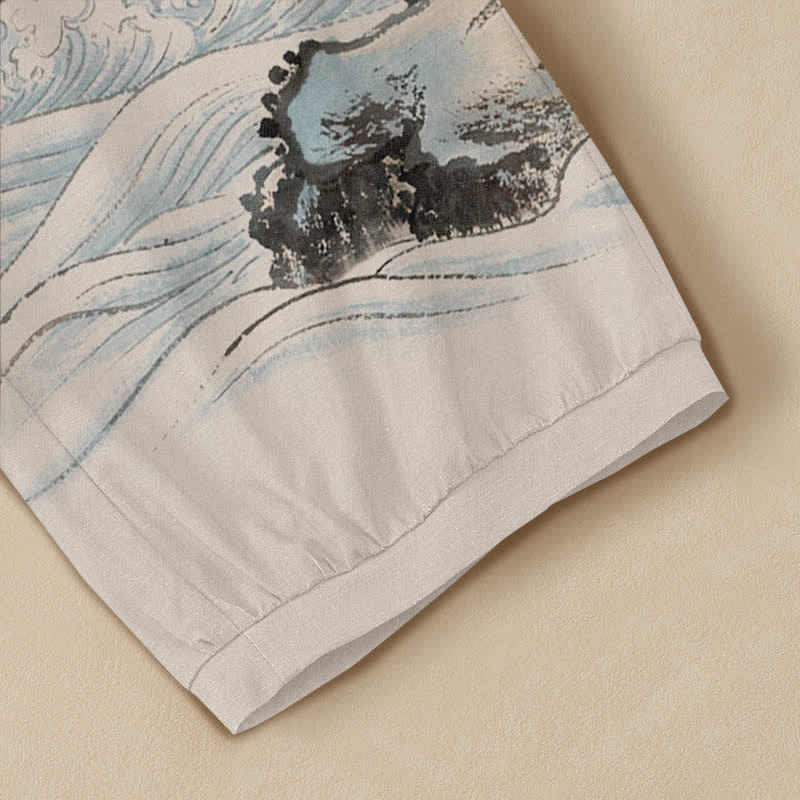 Buddha Stones Cotton Ink Landscape Crane Sun Pattern Pleated Elastic Waist Women's Harem Pants With Pockets - image 5
