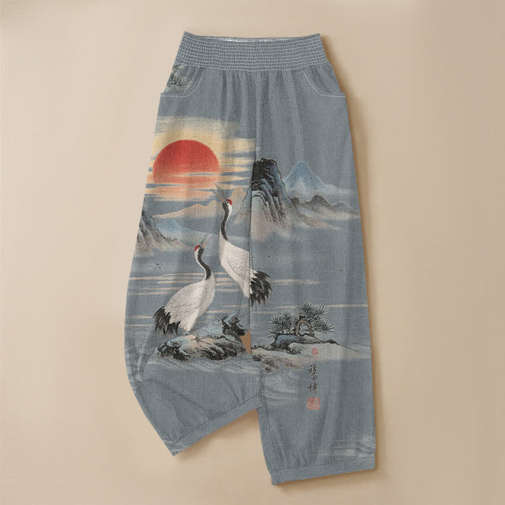 Buddha Stones Cotton Ink Landscape Crane Sun Pattern Pleated Elastic Waist Women's Harem Pants With Pockets - image 13