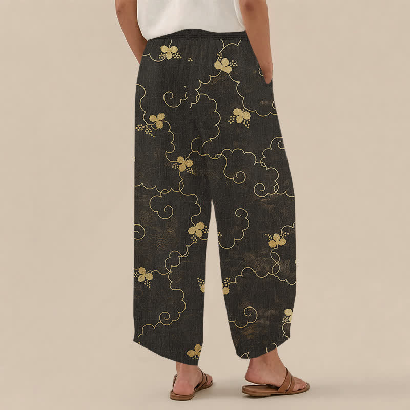 Buddha Stones Cotton Vintage Blossom Cloud Pattern Pleated Elastic Waist Women's Harem Pants With Pockets - image 1