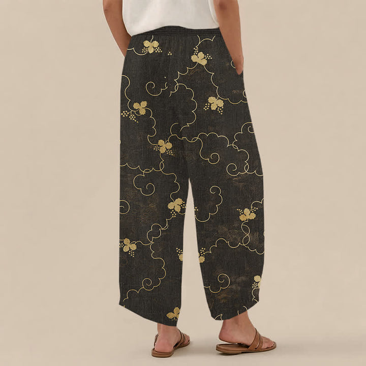 Buddha Stones Cotton Vintage Blossom Cloud Pattern Pleated Elastic Waist Women's Harem Pants With Pockets - image 1