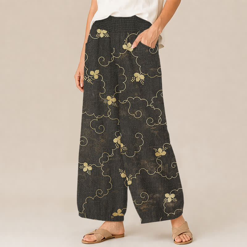 Buddha Stones Cotton Vintage Blossom Cloud Pattern Pleated Elastic Waist Women's Harem Pants With Pockets - image 2