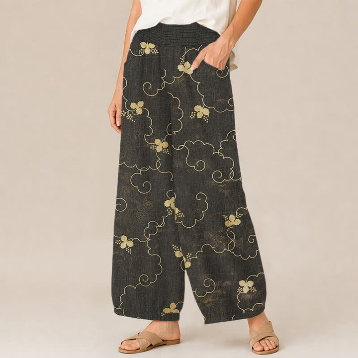 Buddha Stones Cotton Vintage Blossom Cloud Pattern Pleated Elastic Waist Women's Harem Pants With Pockets - image 2