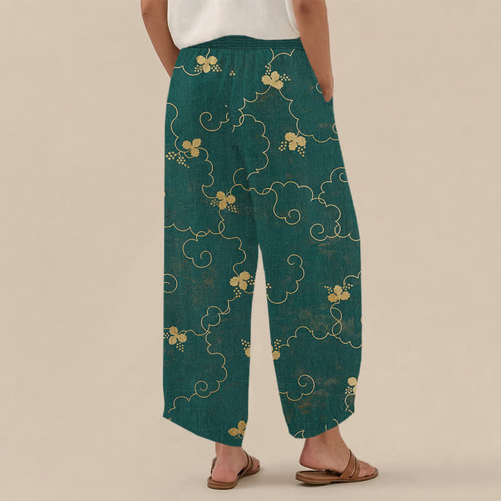 Buddha Stones Cotton Vintage Blossom Cloud Pattern Pleated Elastic Waist Women's Harem Pants With Pockets - image 8