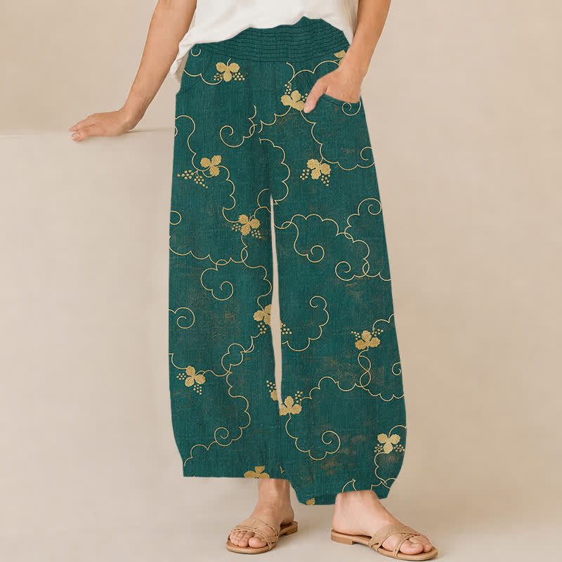 Buddha Stones Cotton Vintage Blossom Cloud Pattern Pleated Elastic Waist Women's Harem Pants With Pockets - Teal - US16，UK/AU20，EU48 (3XL) - image 6