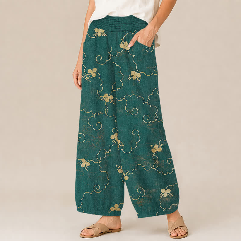 Buddha Stones Cotton Vintage Blossom Cloud Pattern Pleated Elastic Waist Women's Harem Pants With Pockets - image 7