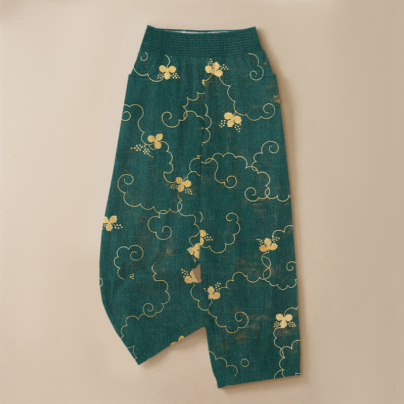 Buddha Stones Cotton Vintage Blossom Cloud Pattern Pleated Elastic Waist Women's Harem Pants With Pockets - image 9
