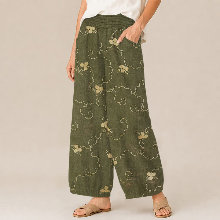 Buddha Stones Cotton Vintage Blossom Cloud Pattern Pleated Elastic Waist Women's Harem Pants With Pockets - image 11