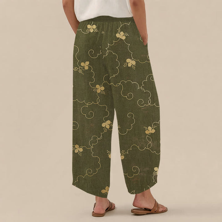 Buddha Stones Cotton Vintage Blossom Cloud Pattern Pleated Elastic Waist Women's Harem Pants With Pockets - image 12