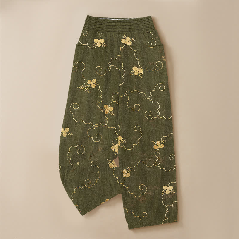 Buddha Stones Cotton Vintage Blossom Cloud Pattern Pleated Elastic Waist Women's Harem Pants With Pockets - image 13