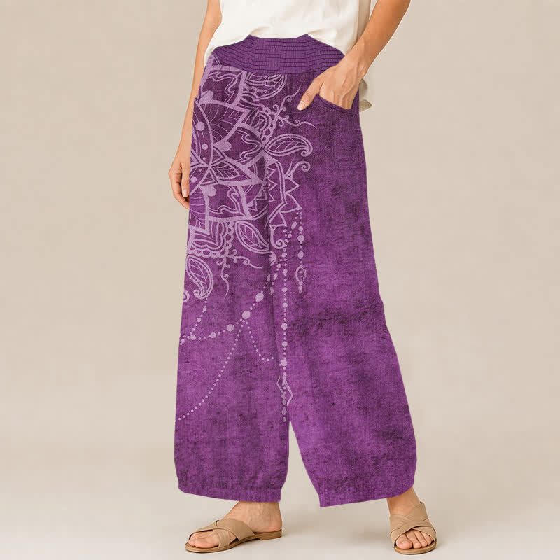 Buddha Stones Cotton Boho Mandala Beaded Pattern Pleated Elastic Waist Women's Harem Pants With Pockets - image 1