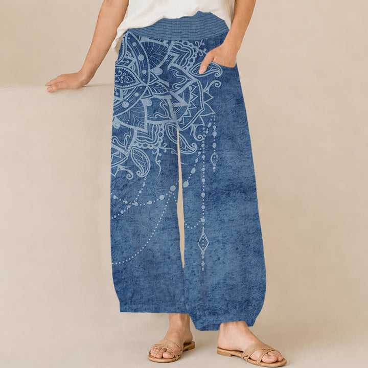 Buddha Stones Cotton Boho Mandala Beaded Pattern Pleated Elastic Waist Women's Harem Pants With Pockets - SteelBlue - US16，UK/AU20，EU48 (3XL) - image 10